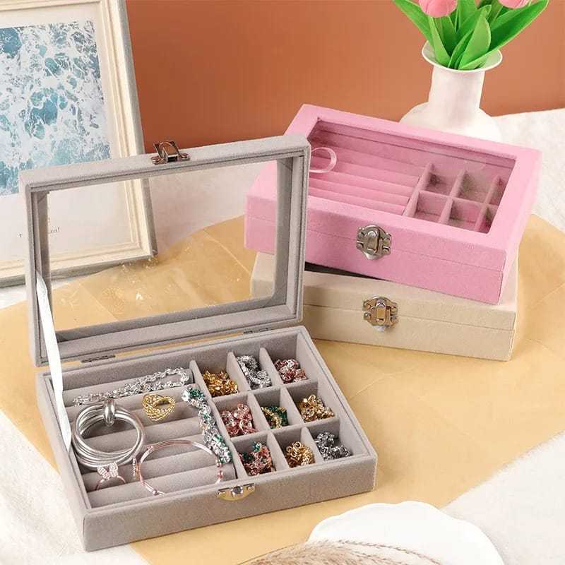 Velvet Glass Ring Earring Jewelry Display Organizer Box – Showcase Storage Case